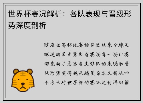 世界杯赛况解析:各队表现与晋级形势深度剖析